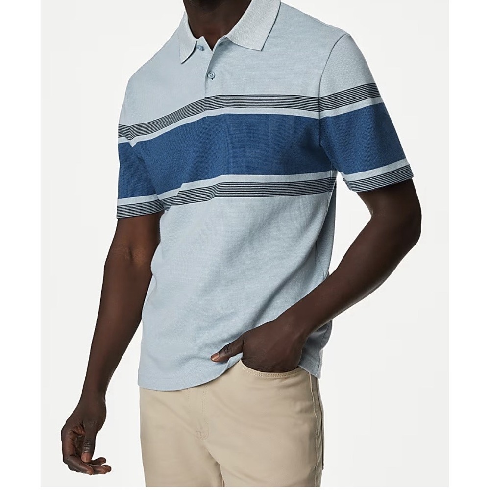 M & S Men's Double Knit Polo Shirt Striped Blue